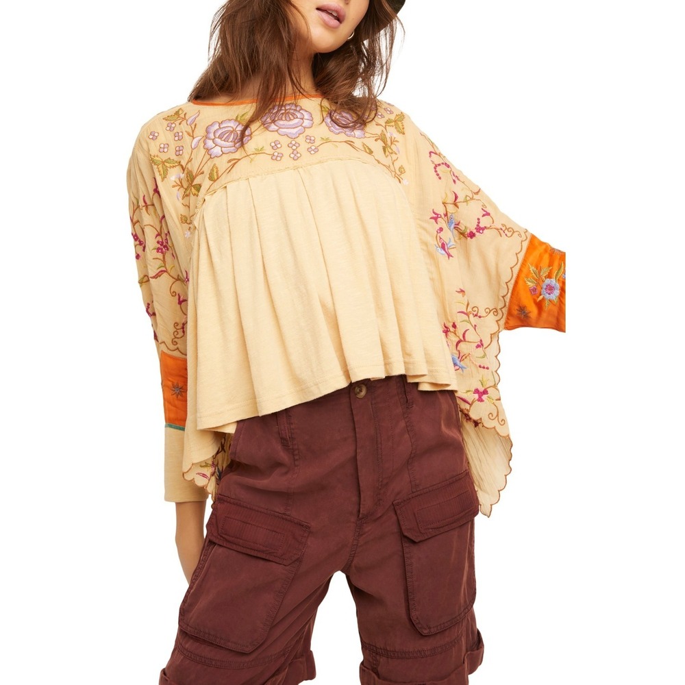 Free People Waiting On A Sunny Day Top Embroidered Birds Oversized XS Boho Gypsy - Picture 11 of 13